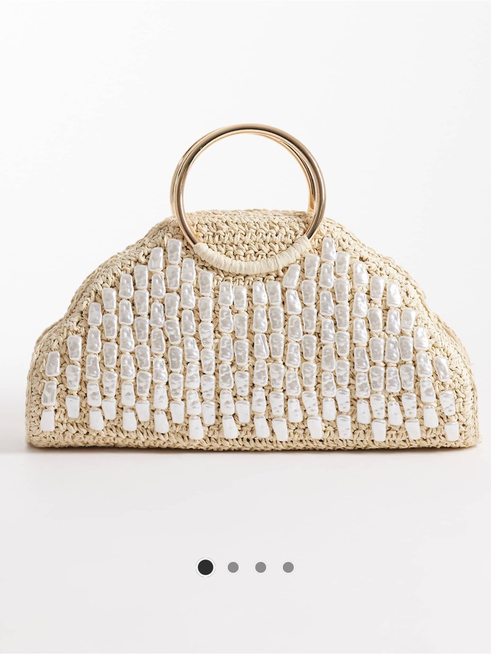 River Island Cream Raffia Clutch with Pearl Embellishment and Gold Ring Handle